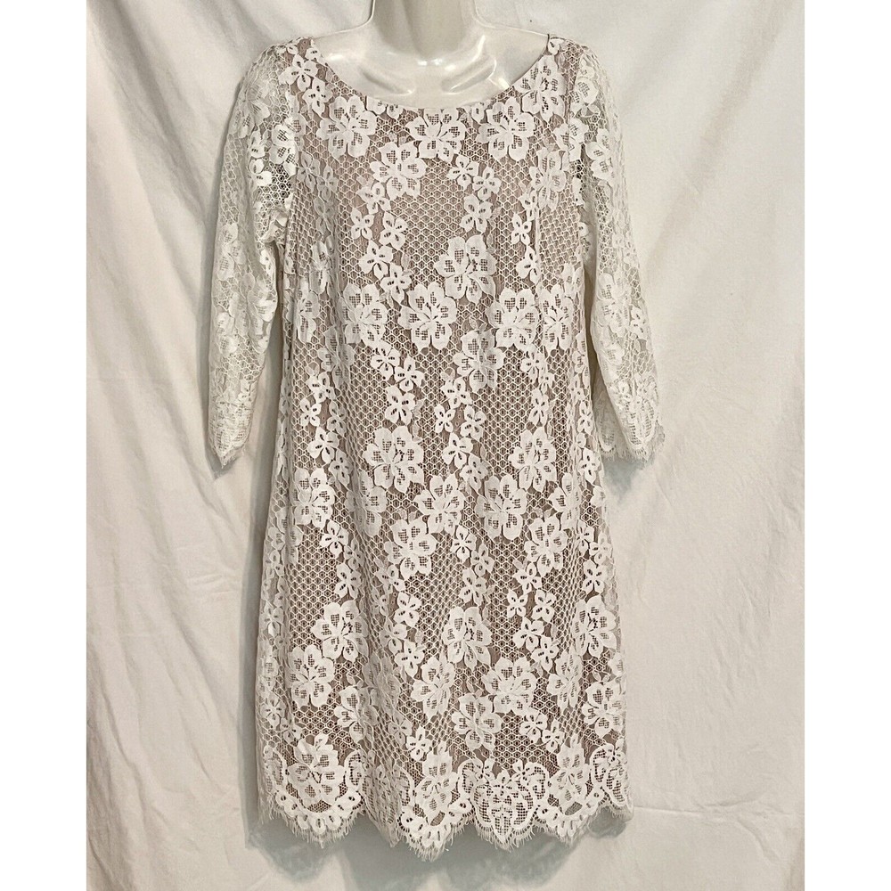 Jessica Howard White Lace Overlay Dress Lined 3/4 Sleeve Knee Length Size 8